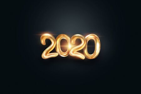 Lettering 2020 happy new year. Gold metallic numbers 2020 on a dark background. 3d illustration, 3D render. Festive design of merry christmasの写真素材