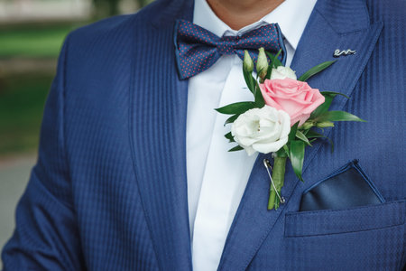 Boutonniere for the groom. The concept of marriage, family relationships, wedding paraphernalia