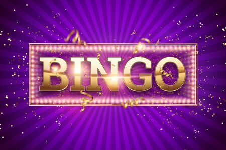 Creative background, bingo lettering in gold letters on a purple background. Concept win, casino, idea, luck, lotto. 3D illustration, 3D renderingの写真素材