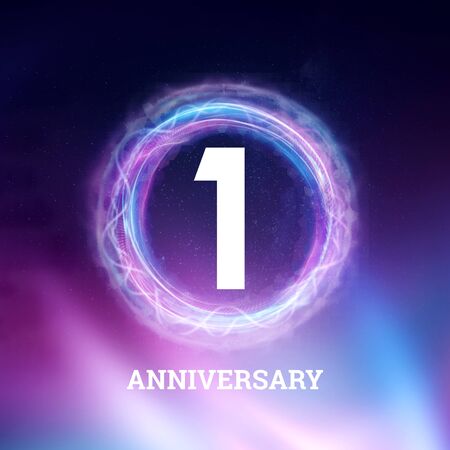 White numbers 1years anniversary celebration on dark background with neon abstract design. celebration template, Greeting card, holiday template, flyer, copy spaceの写真素材