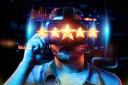 A young man with virtual reality glasses puts 5 stars, assigning a new rating, rating services, a...