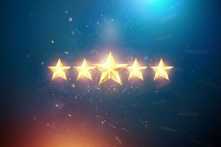 5 gold stars on a blue background, assignment of a new rating, service rating, a new level, business concept. Mixed medium. 3d illustration, 3D renderの写真素材