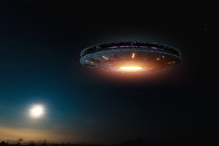UFO, an alien plate soars in the sky, hovering motionless in the air. Unidentified flying object,...