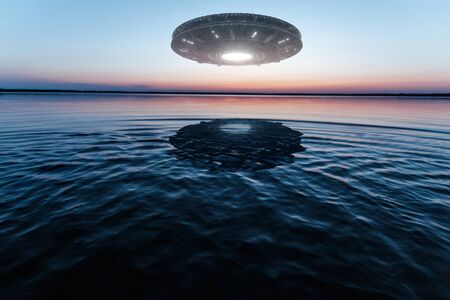 UFO, an alien plate hovering above water, hovering motionless in the air. Unidentified flying object, alien invasion, extraterrestrial life, space travel, humanoid spaceship mixed mediumの写真素材