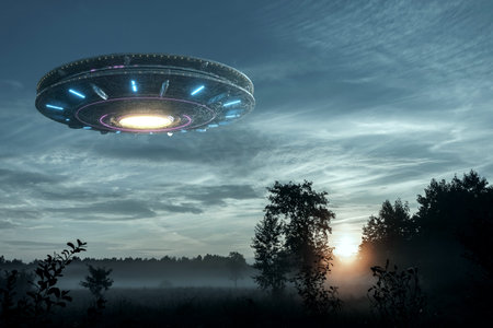 UFO, an alien plate hovering over the field, hovering motionless in the air. Unidentified flying...