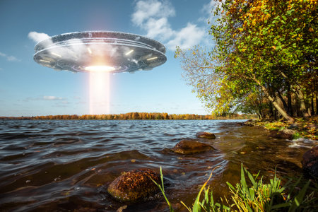 UFO, an alien plate hovering above water, hovering motionless in the air. Unidentified flying...
