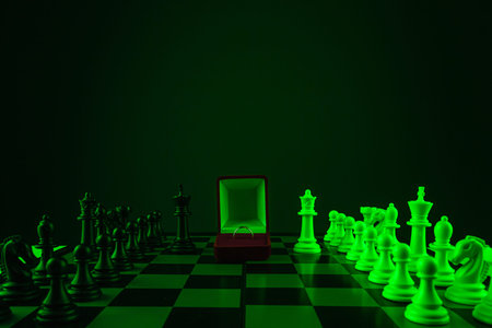 Chess pieces on a chessboard and a box with a golden ring, game. The concept of confrontation,...