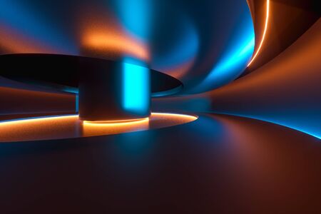 3D render, abstract neon background, dark room, reflection, virtual reality, ultraviolet light. Copy space.の写真素材