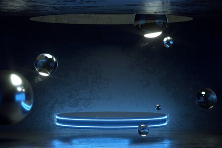 3D render, abstract blue neon background, podium, reflection, virtual reality ultraviolet light. Copy spaceの写真素材
