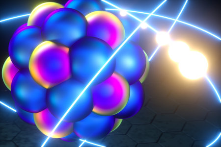 3D render nuclear fusion, there is a nuclear fission, pure energy. Copy space.