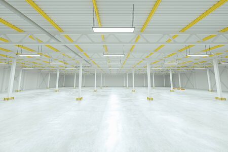 3D render Industrial empty warehouse factory light room. automobile warehouse, logistics, production, factory. Copy space.の写真素材