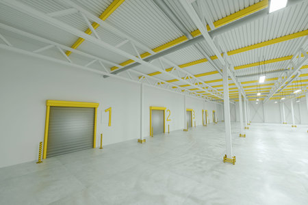 3D render Industrial empty warehouse factory light room. automobile warehouse, logistics,...