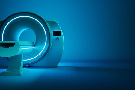 MRI machine, magnetic resonance imaging machine on a dark blue background. Concept medicine, technology, future. 3D rendering, 3D illustration, copy spaceの写真素材