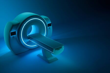 MRI machine, magnetic resonance imaging machine on a dark blue background. Concept medicine, technology, future. 3D rendering, 3D illustration, copy spaceの写真素材