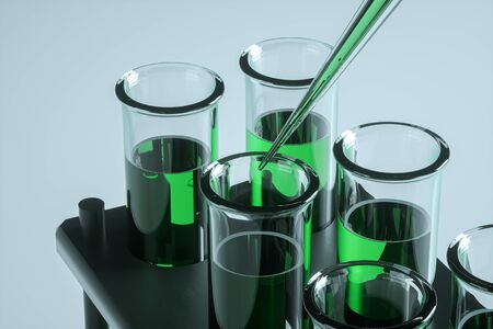 Pipette add liquid to a test tube with green liquid. The concept of vaccine, technology, medicine, research. 3D rendering, 3D illustration, copy spaceの写真素材