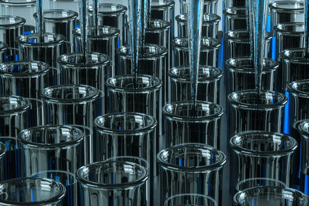 Scientific laboratory test tubes with blue liquid and laboratory test pipettes. The concept of...