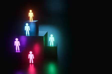 inclusion, a working group of five multi-colored icons of a human worker on a dark background. team building, cultural diversity, staffing decisions. 3D rendering, 3D illustration, copy spaceの写真素材