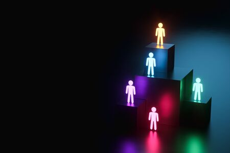 inclusion, a working group of five multi-colored icons of a human worker on a dark background. team building, cultural diversity, staffing decisions. 3D rendering, 3D illustration, copy spaceの写真素材