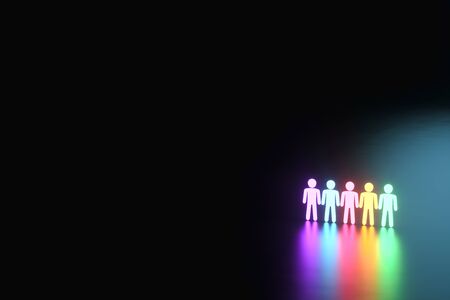 inclusion, a working group of five multi-colored icons of a human worker on a dark background. team building, cultural diversity, staffing decisions. 3D rendering, 3D illustration, copy spaceの写真素材