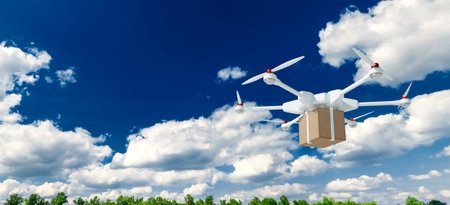 White flying drone with a cardboard box on a sky background. drone for delivery. The concept of fast...