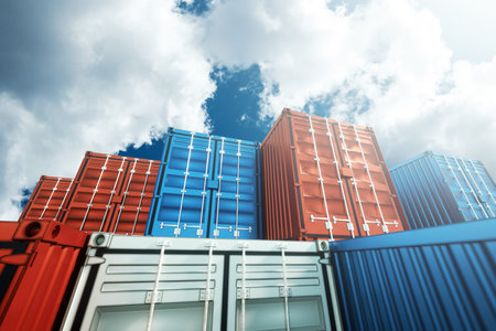Sea containers against the blue sky, industrial port with containers. Logistics concept, fast...