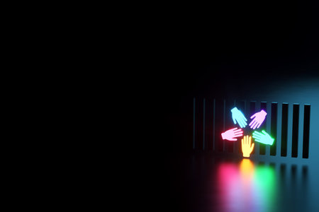Inclusion, team of workers five multi-colored hand icons on a dark background, neon light. Team...