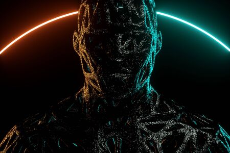 Abstract black graphite mannequin of the human body on a background of neon lines, 3D render, 3D illustration, copy space. Modern colorful poster designの写真素材