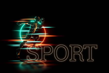 Sports background, a figure of a man in a running pose, on a neon background, dark background. Sports training, healthy lifestyle, competition, 3D render, 3D illustration, copy spaceの写真素材