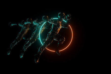 Sports background, a figure of a man in a running pose, on a neon background, dark background....