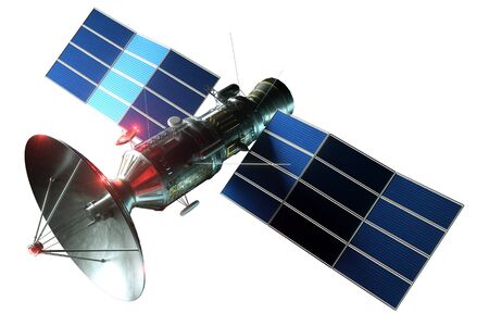 Space satellite with dish antenna and solar panels Isolated on a white background. Telecommunications, high-speed Internet, sounding, space exploration. 3D render, 3D illustration, copy spaceの写真素材