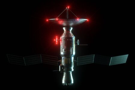 Space satellite with dish antenna and solar panels isolated on black background. Telecommunications, high-speed Internet, sounding, space exploration. 3D render, 3D illustration, copy spaceの写真素材