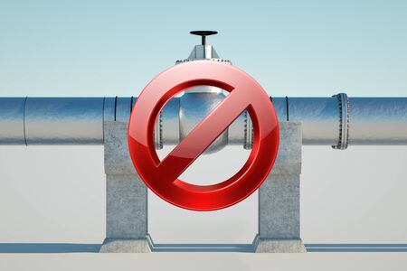 The pipeline is closed with a stop sign on a light background, stopping the transportation of oil and gas through pipes, sanctions. Technology, politics, raw materials, economics. Copy space. 3D render, 3D illustrationの写真素材