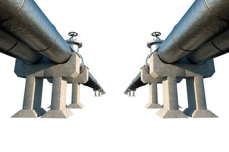 Pipeline isolated on a white background, transporting oil and gas through pipes. Technology, politics, raw materials, economics. Copy space. 3D render, 3D illustrationの写真素材