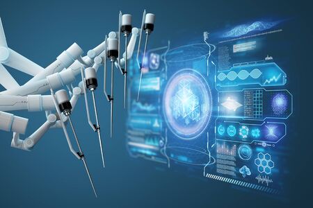 Robot surgeon, robotic equipment, manipulators. Minimally invasive surgical innovation with three-dimensional overview. Technology, the future of medicine, surgeon. 3D render, 3D illustrationの写真素材