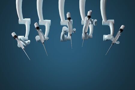 Robot surgeon, robotic equipment, manipulators. Minimally invasive surgical innovation with three-dimensional overview. Technology, the future of medicine, surgeon. 3D render, 3D illustrationの写真素材