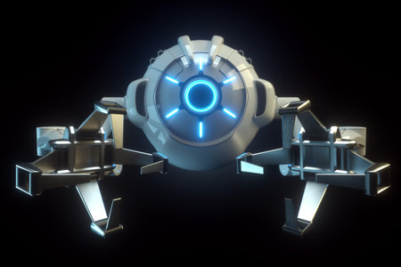 sci fi flying drone with camera or futuristic assembly machine isolated on black background. Future...
