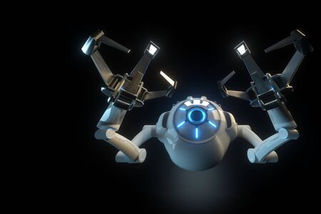 sci fi flying drone with camera or futuristic assembly machine isolated on black background. Future technologies, artificial intelligence. 3D render, 3D illustrationの写真素材