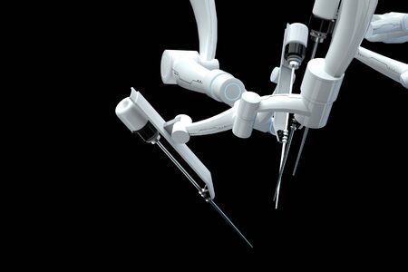Robot surgeon, robotic equipment, manipulators isolated on a dark background. Technologies, future of medicine, surgery. 3D render, 3D illustrationの写真素材