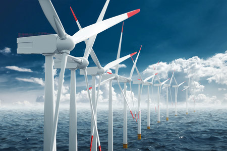 Windmills at sea clean energy, alternative energy, wind energy. Technology concept, renewable...