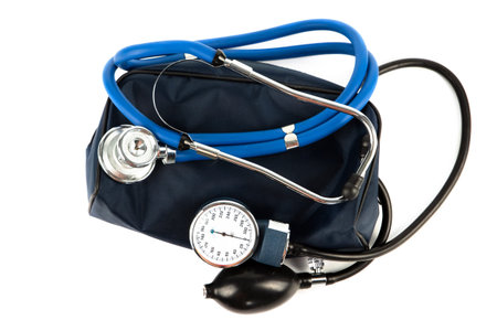 blood pressure monitor and phonendoscope isolated on white background.