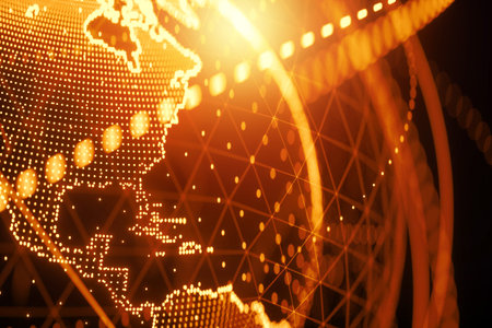 Golden, orange hologram of the planet earth made of dots isolated on a black background. Globalization, network, fast internet. Copy space, 3D rendering 3D illustrationsの写真素材