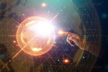 Businessman man points to a hologram of planet earth. Globalization, network, fast Internet, new technologies in communication. Copy space Mixed mediaの写真素材