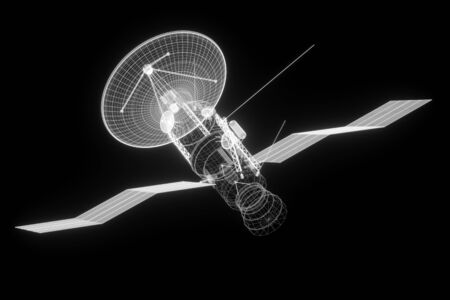 Hologram of information satellite, telecommunications isolated on a black background. Globalization, network, fast Internet, new technologies in communication. Copy space 3D rendering 3D illustrationの写真素材