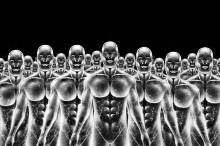 Hologram crowd of people, rally, protest. The concept is one against all. 3D illustration, 3D renderingの写真素材