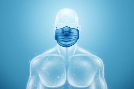 Hologram medical mask, protection against viruses. The concept of pneumonia, covid-19 pandemic, coronavirus. 3D illustration, 3D renderingの写真素材