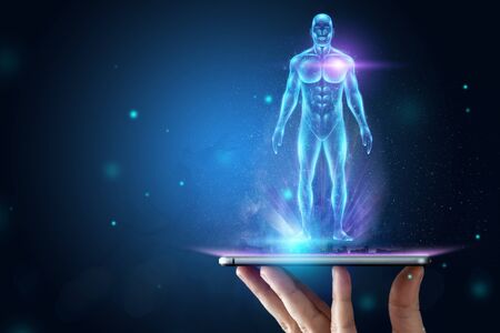 Hologram human body healthcare future. Modern medical science in the future. Mixed medium, copy spaceの写真素材