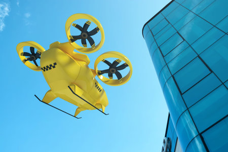 Yellow flying taxi against the sky, city electric transport drone. Car with propellers, clean air,...