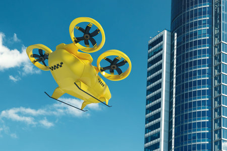 Yellow flying taxi against the sky, city electric transport drone. Car with propellers, clean air,...