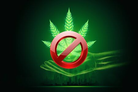 Marijuana leaf ban sign, hemp leaf, cannabis consumer symbol. The concept of prohibition of legalization of marijuana, criminal liability. Copy space. 3D illustration, 3D renderingの写真素材
