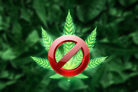 Marijuana leaf ban sign, hemp leaf, cannabis consumer symbol. The concept of prohibition of legalization of marijuana, criminal liability. Copy space. 3D illustration, 3D renderingの写真素材